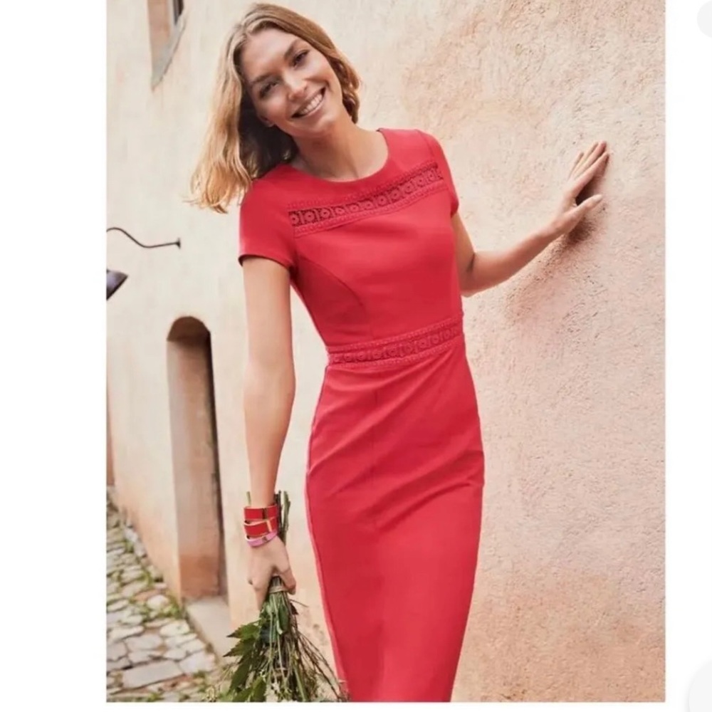 NWOT Boden Hera Coral Crochet Accented Ponte Sheath Dress